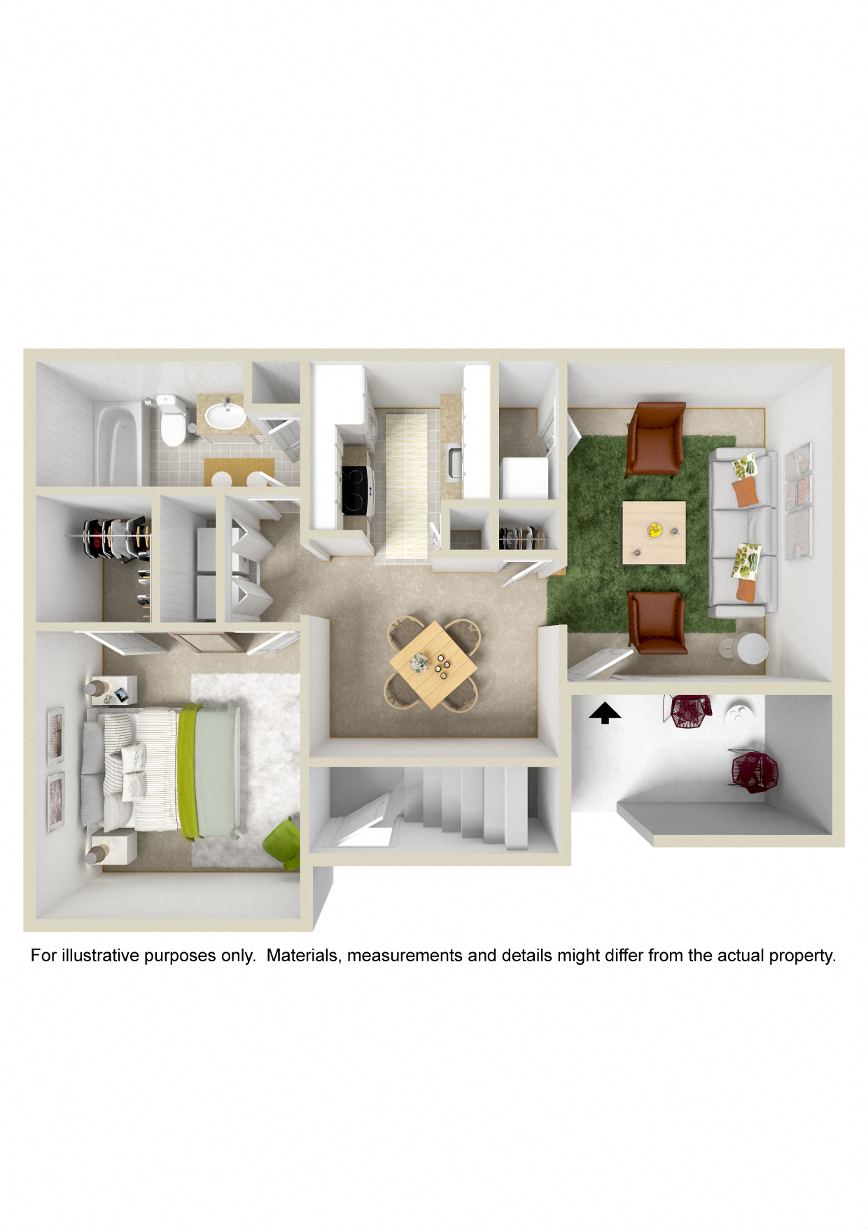 Floor plan for 1 bed, 1 bath, 750 sqft